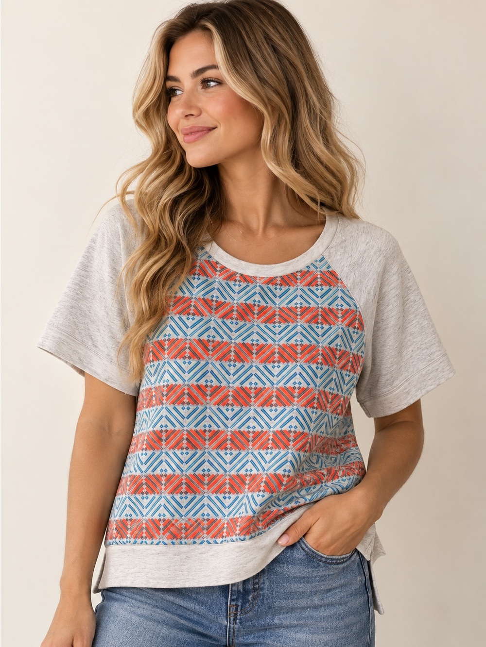 J.Crew Geometric Print Short Sleeve Sweatshirt Top Coral Blue Size L
